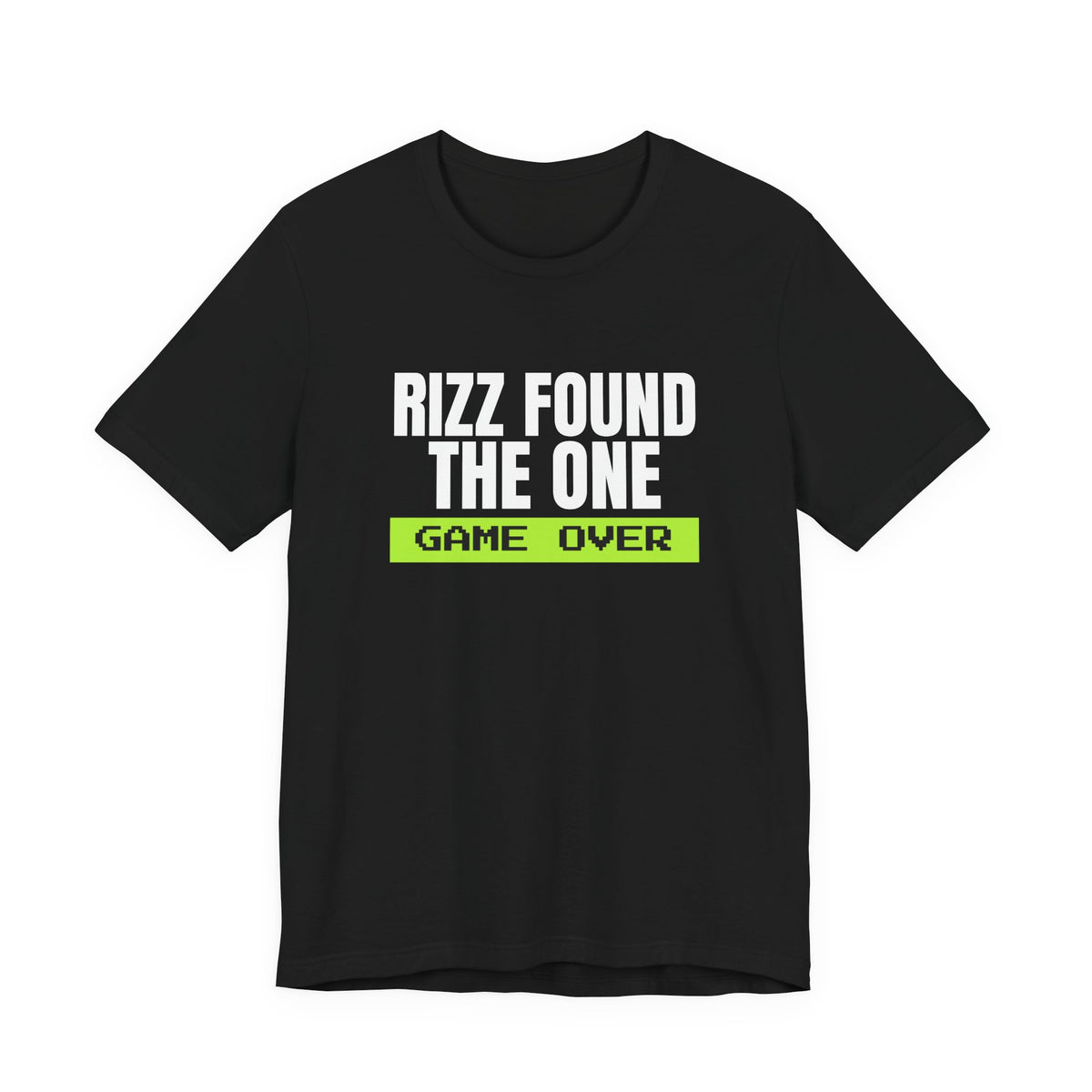 Rizz Found The One Game Over bachelor party t-shirt in Black with "Rizz Found The One Game Over" graphic, product photo 2