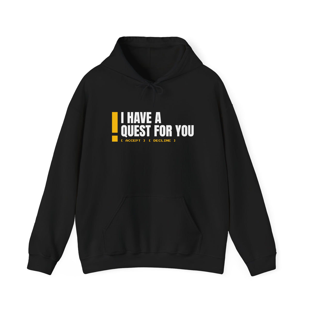 Quest Giver NPC and larp hoodie in Black with "Quest Giver" graphic, front view