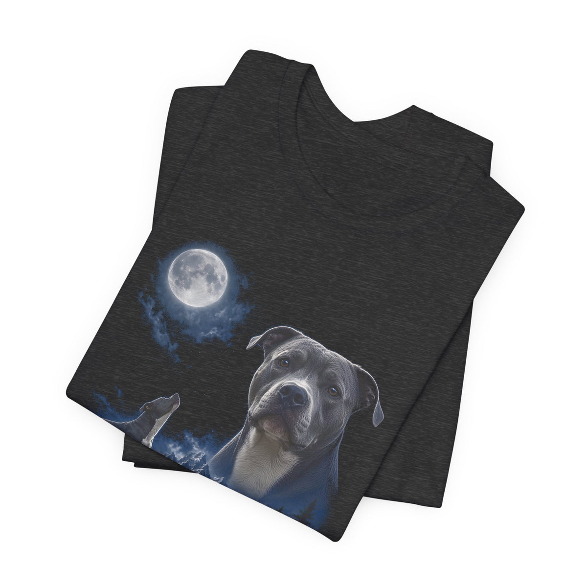 Dark Grey Heather t-shirt with a photoreal pit bull under a full moon and a second pit bull howling on a cliff over mountains and a waterfall, folded