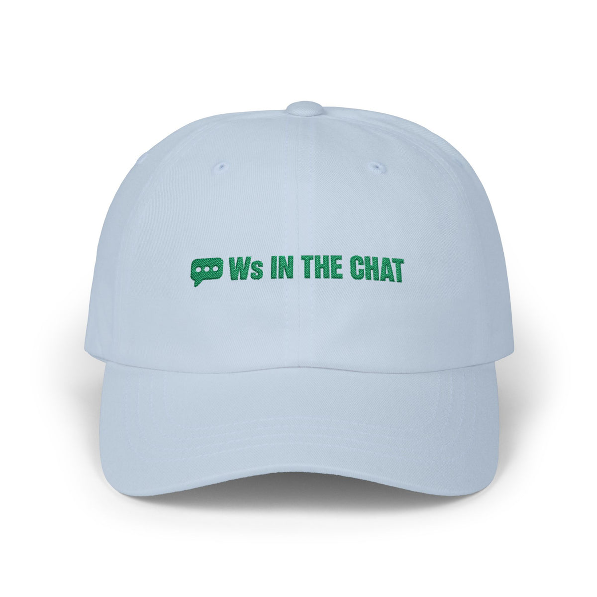 Ws In The Chat chat meme dad hat in Light Blue with "Ws In The Chat" graphic, product photo 2