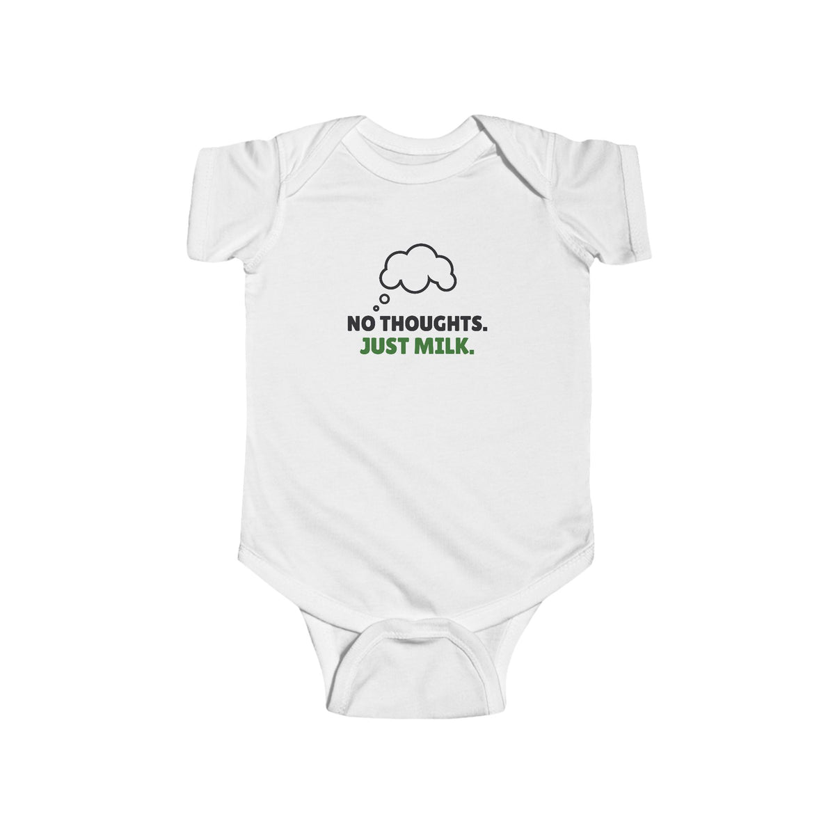 No Thoughts Just Milk Gen Z meme baby onesie in White with "No Thoughts Just Milk" graphic, front view