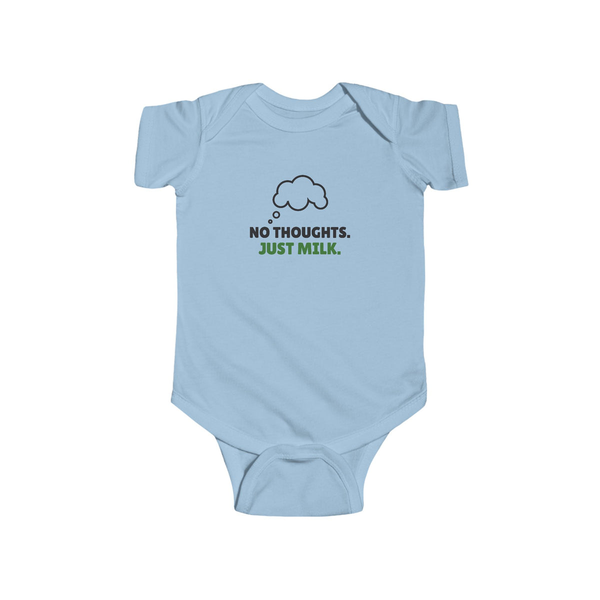 No Thoughts Just Milk Gen Z meme baby onesie in Light Blue with "No Thoughts Just Milk" graphic, product photo 3