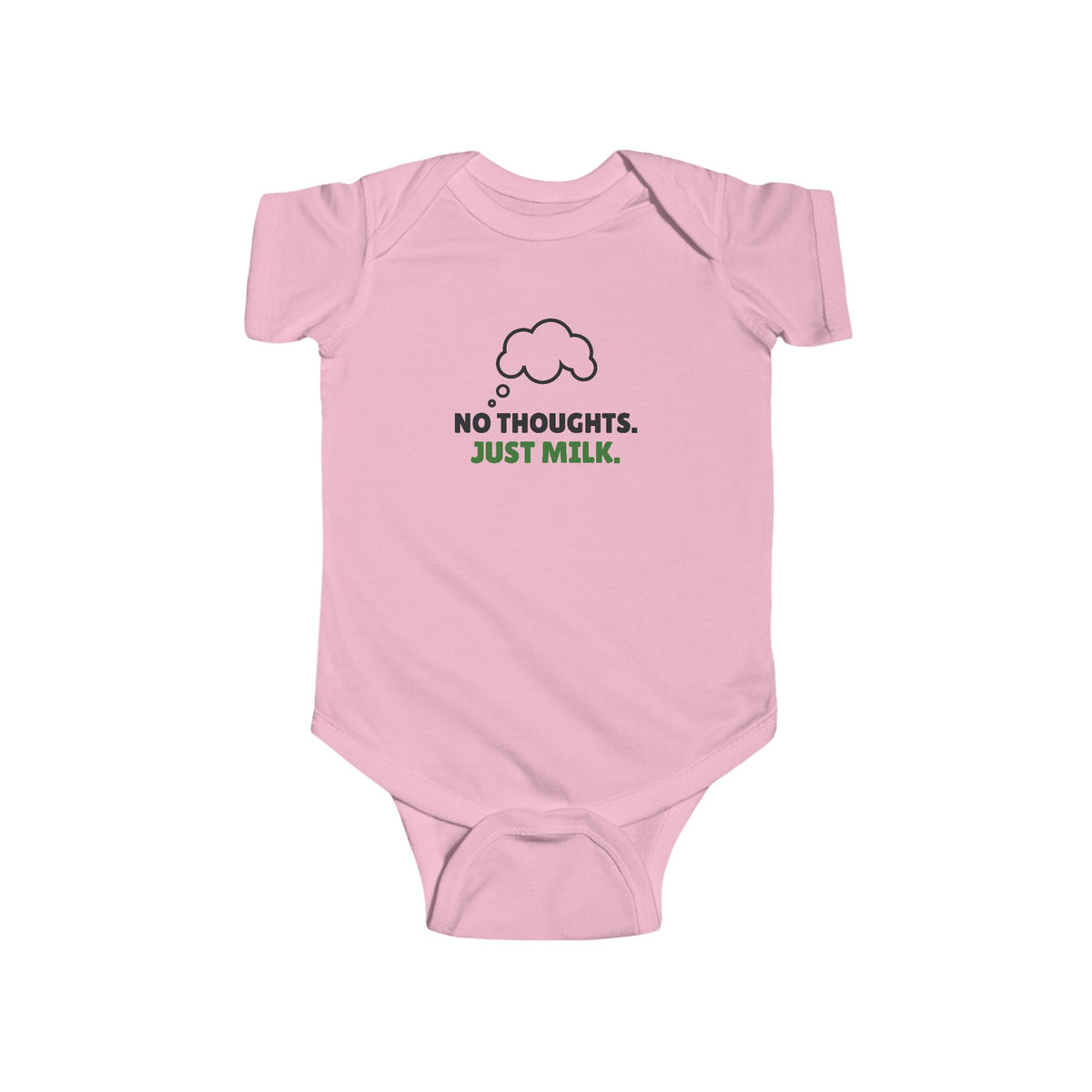 No Thoughts Just Milk Gen Z meme baby onesie in Pink with "No Thoughts Just Milk" graphic, product photo 4