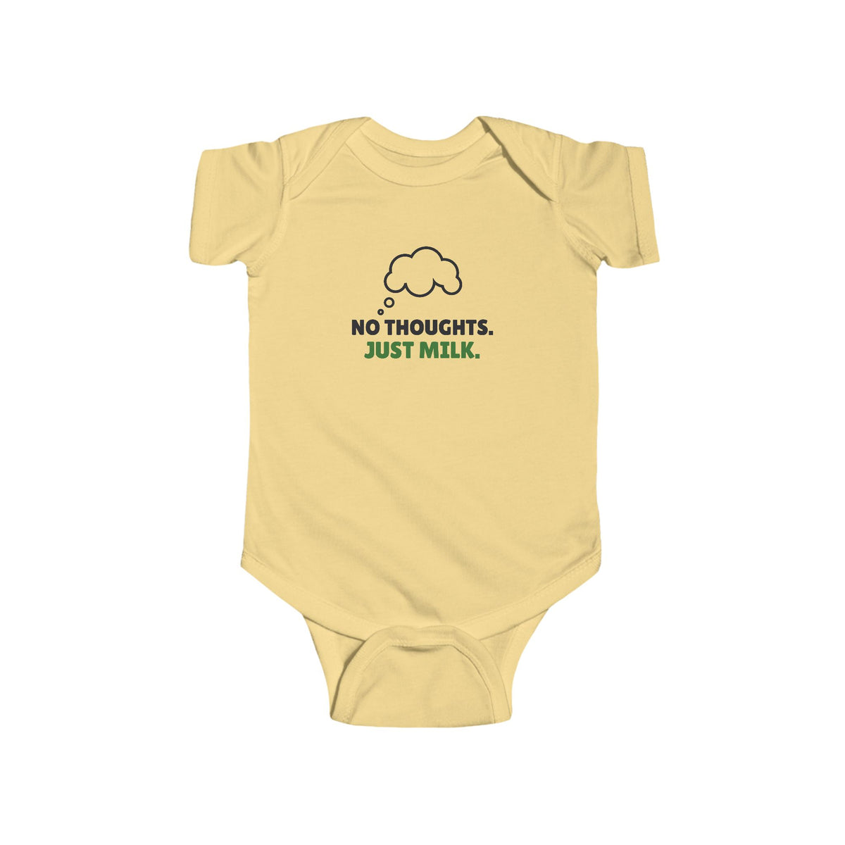 No Thoughts Just Milk Gen Z meme baby onesie in Butter with "No Thoughts Just Milk" graphic, product photo 2