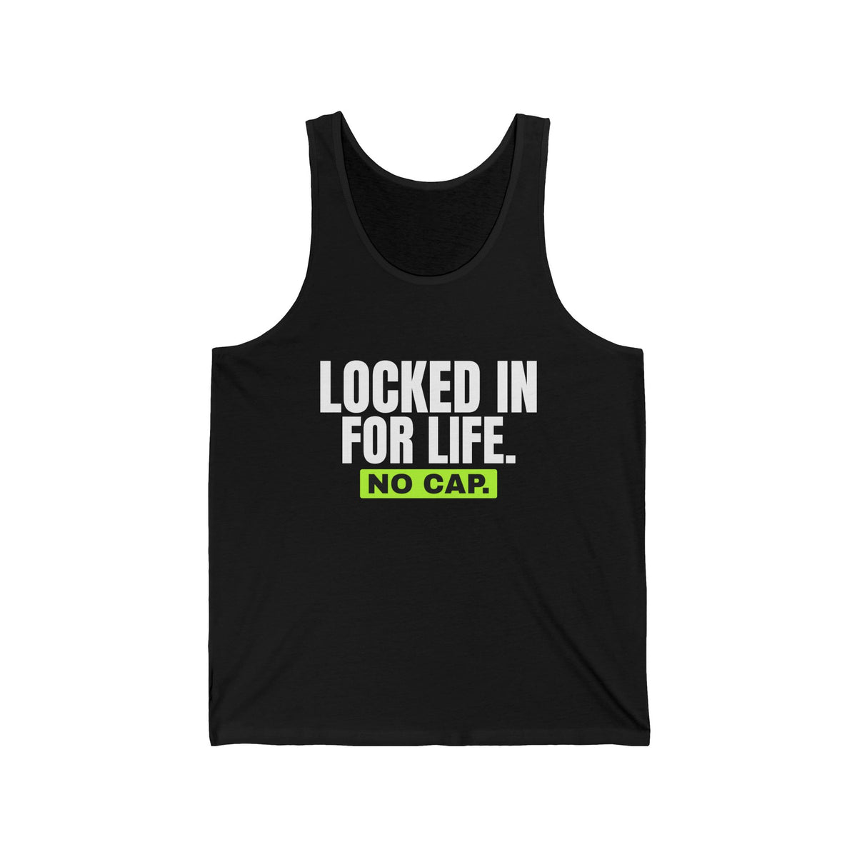 Locked In For Life No Cap bachelor party tank top in Black with "Locked In For Life No Cap" graphic, product photo 2