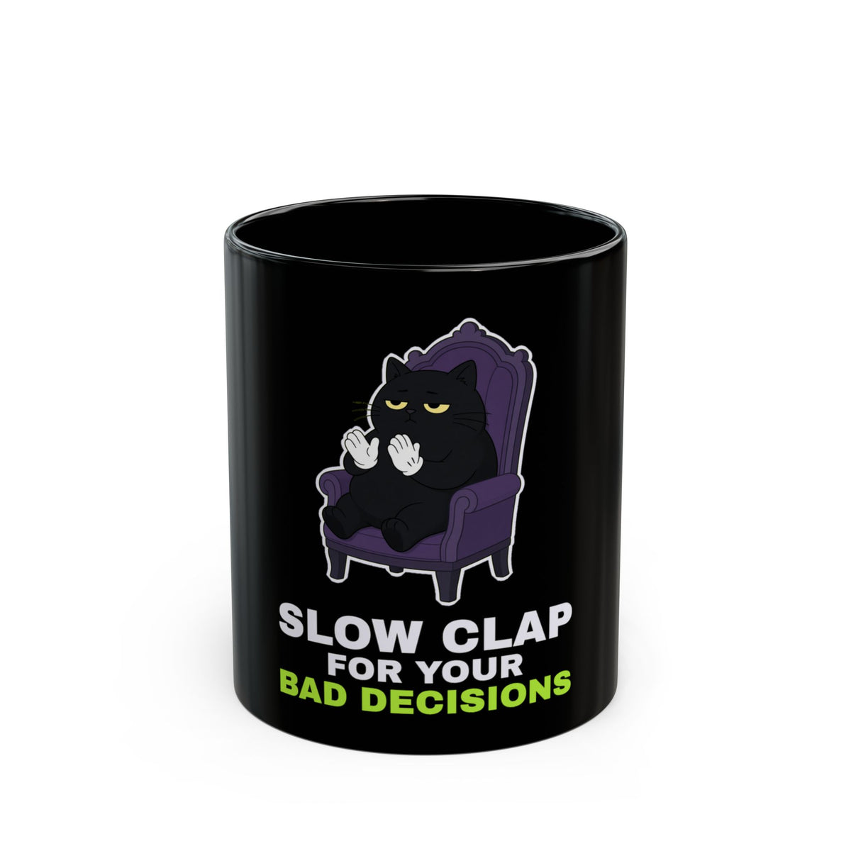 Slow Clap black cat clapping meme black mug with "Slow Clap" graphic, front view