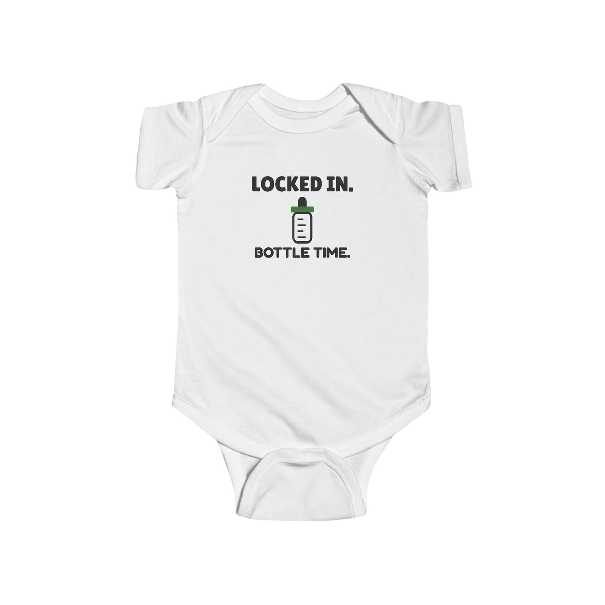 Locked In Bottle Time Gen Z meme baby onesie in White with "Locked In Bottle Time" graphic, front view