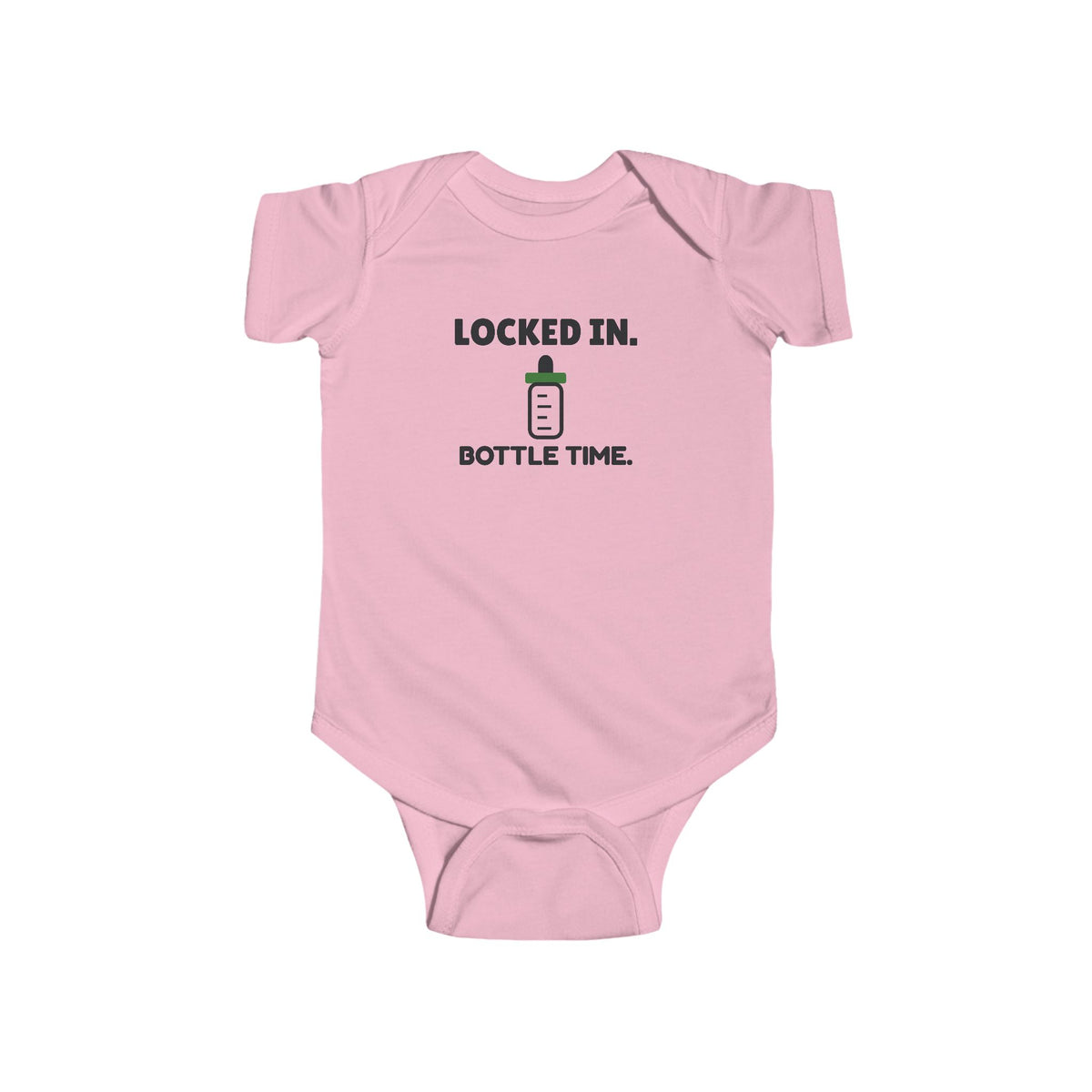 Locked In Bottle Time Gen Z meme baby onesie in Pink with "Locked In Bottle Time" graphic, product photo 4