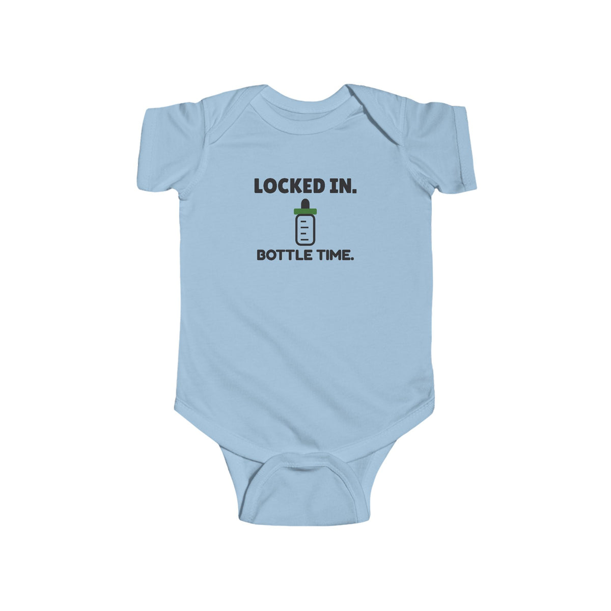 Locked In Bottle Time Gen Z meme baby onesie in Light Blue with "Locked In Bottle Time" graphic, product photo 3