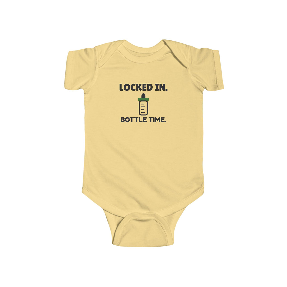 Locked In Bottle Time Gen Z meme baby onesie in Butter with "Locked In Bottle Time" graphic, product photo 2