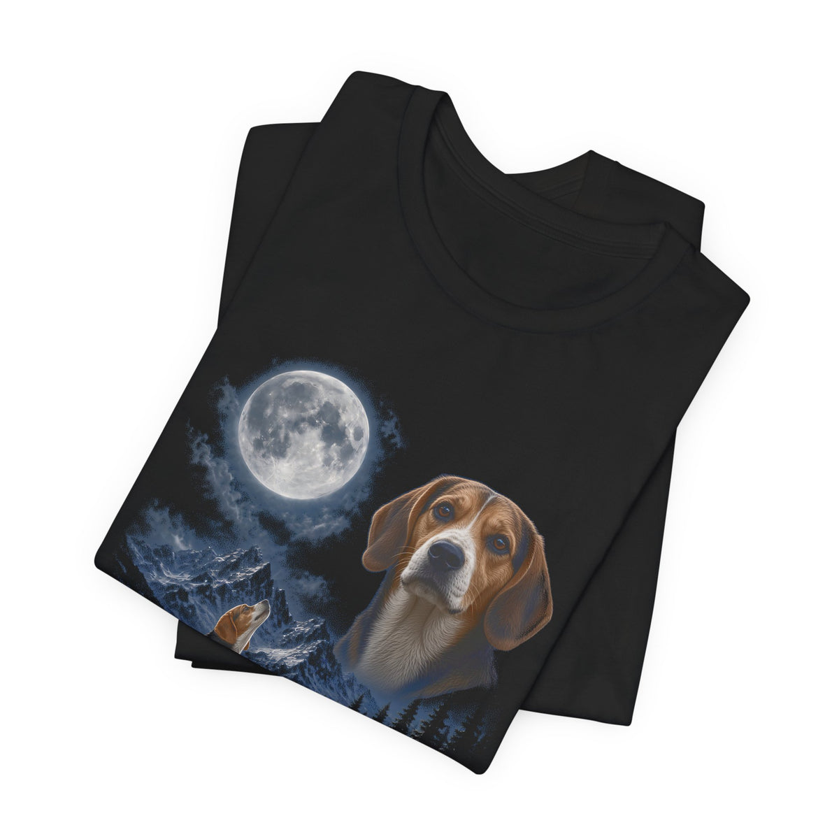 Black t-shirt with a photoreal beagle under a full moon and a second beagle howling on a cliff over mountains and a waterfall, folded