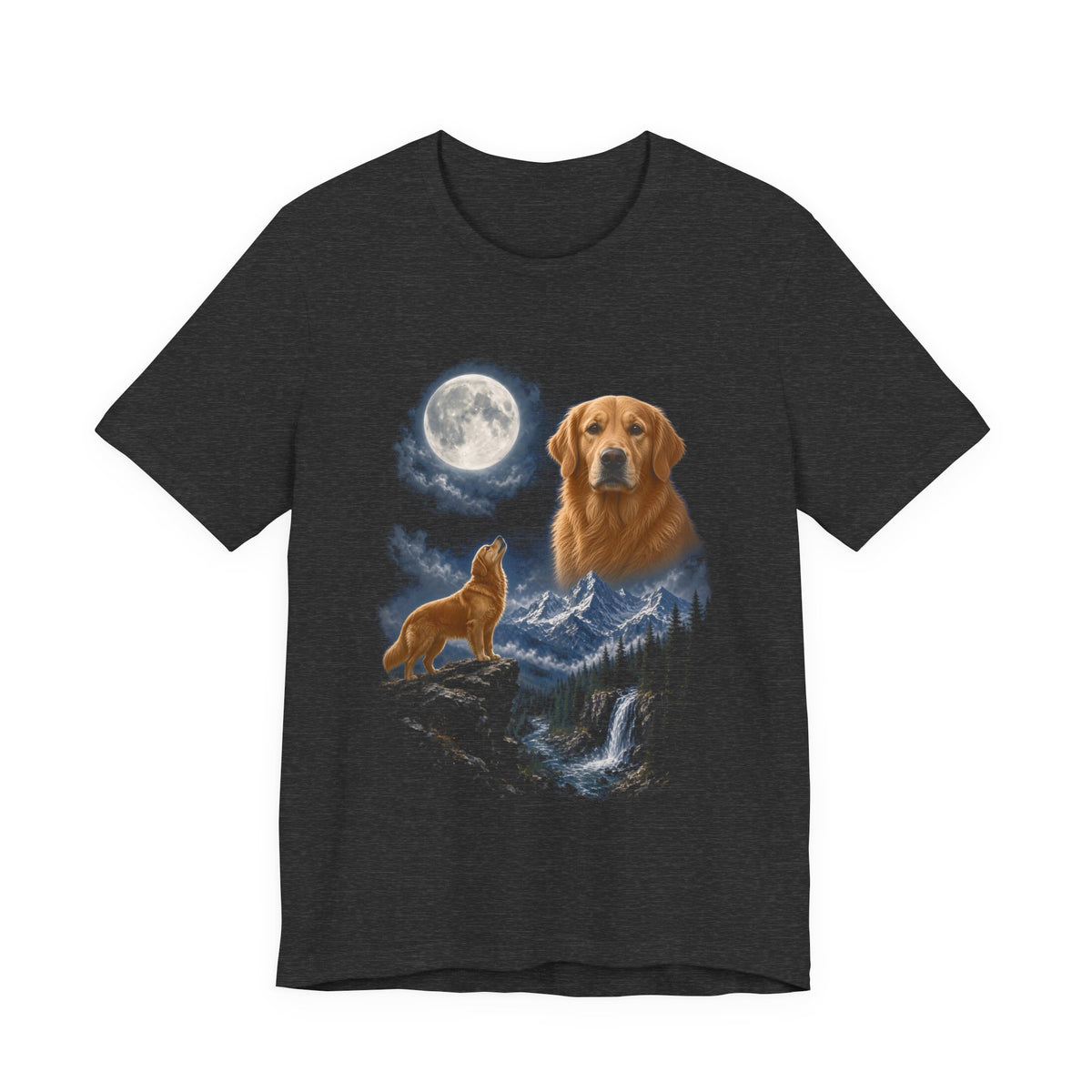 Dark Grey Heather t-shirt with a photoreal golden retriever under a full moon and a second golden retriever howling on a cliff over mountains and a waterfall, front view