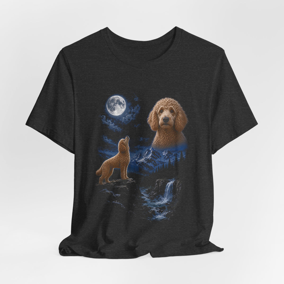 Dark Grey Heather t-shirt with a photoreal poodle under a full moon and a second poodle howling on a cliff over mountains and a waterfall, flat lay