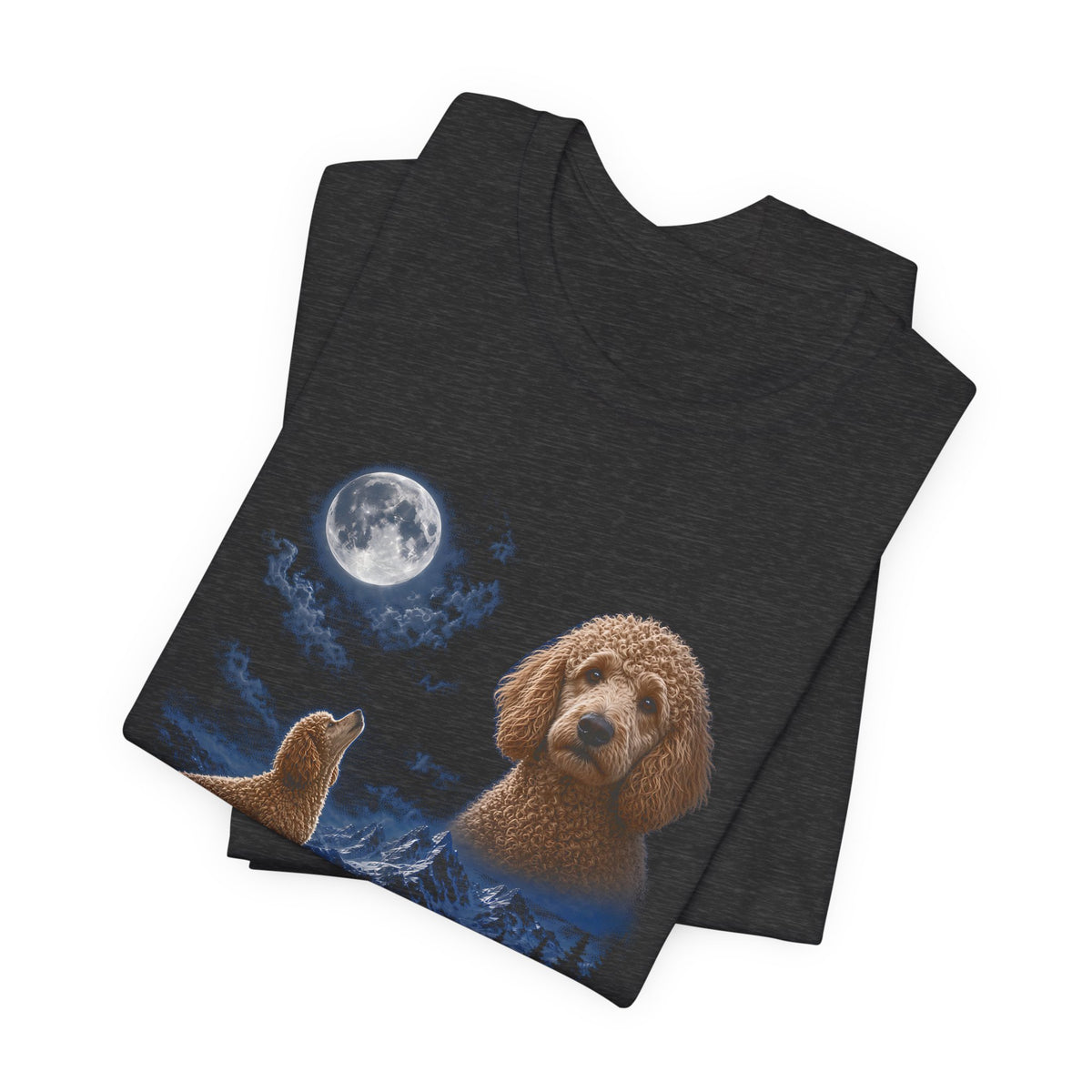 Dark Grey Heather t-shirt with a photoreal poodle under a full moon and a second poodle howling on a cliff over mountains and a waterfall, folded
