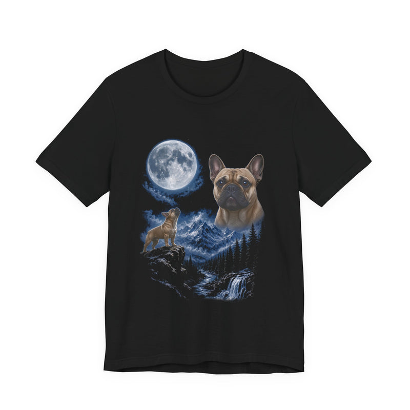 Black t-shirt with a photoreal French bulldog under a full moon and a second French bulldog howling on a cliff over mountains and a waterfall, front view