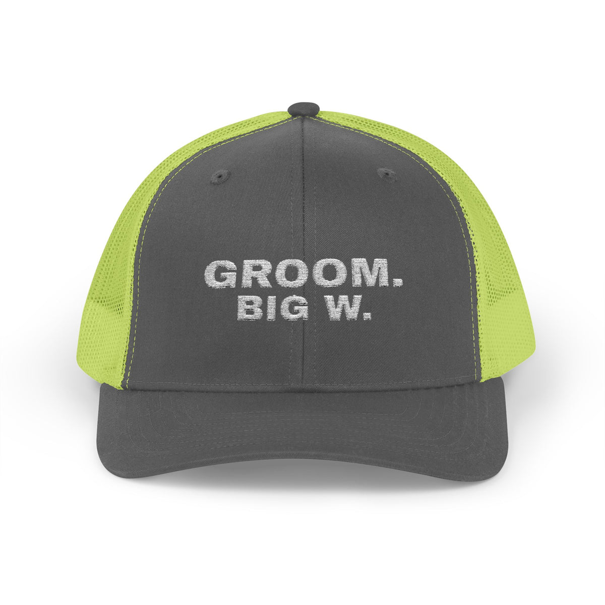 Groom Big W bachelor party trucker hat in Charcoal / Neon Green with "Groom Big W" graphic, front view
