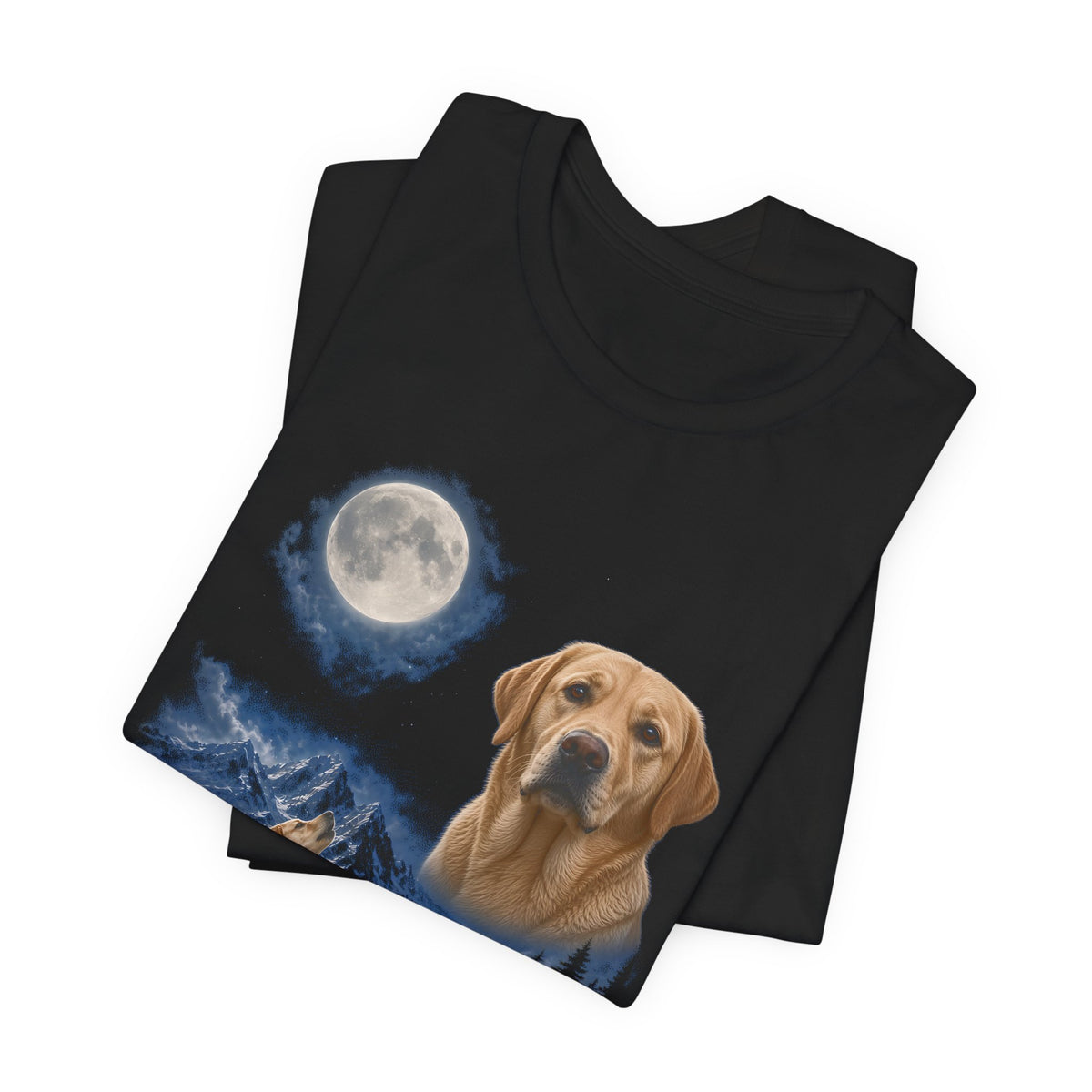 Black t-shirt with a photoreal Labrador retriever under a full moon and a second Labrador retriever howling on a cliff over mountains and a waterfall, folded
