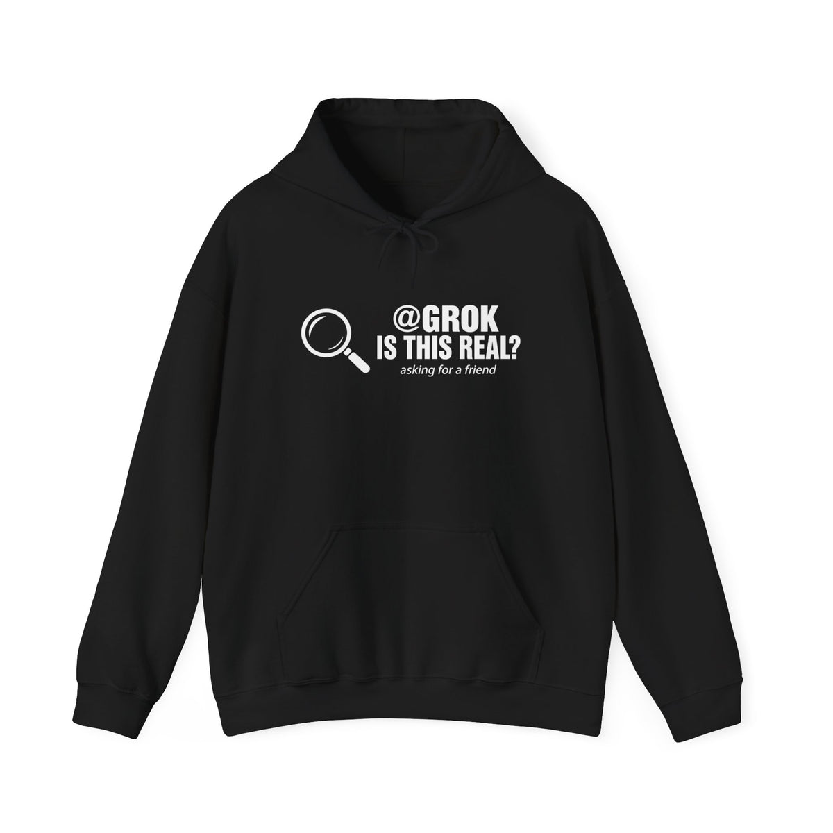 @grok Is This Real? chat meme hoodie in Black with "@grok Is This Real?" graphic, front view