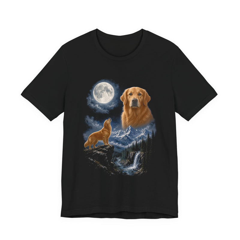 Black t-shirt with a photoreal golden retriever under a full moon and a second golden retriever howling on a cliff over mountains and a waterfall, front view