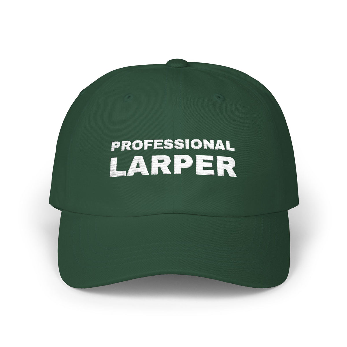 Professional Larper NPC and larp dad hat in Spruce with "Professional Larper" graphic, front view