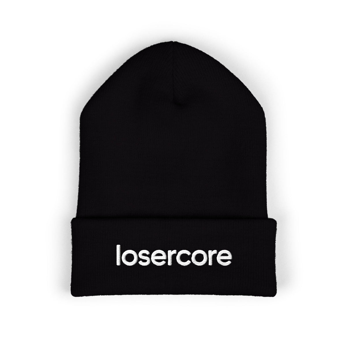 Losercore chronically online beanie in Black with "Losercore" graphic, front view
