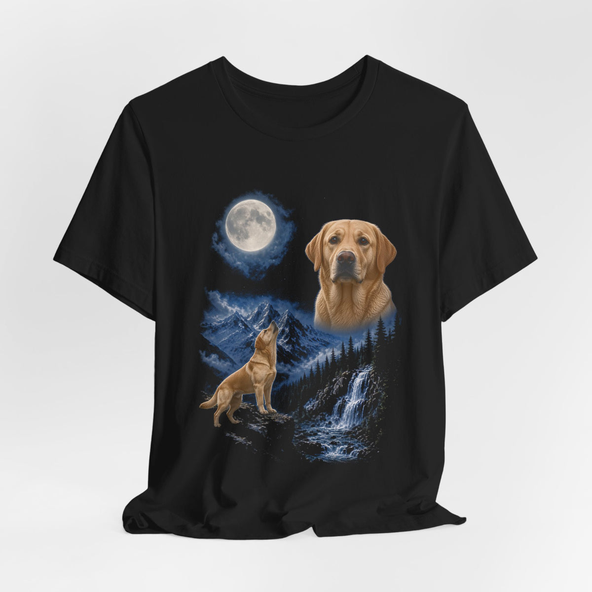 Black t-shirt with a photoreal Labrador retriever under a full moon and a second Labrador retriever howling on a cliff over mountains and a waterfall, flat lay
