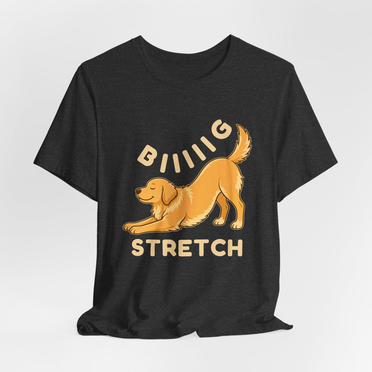 Dark Grey Heather t-shirt with the "Big Stretch Golden Retriever" design, flat lay