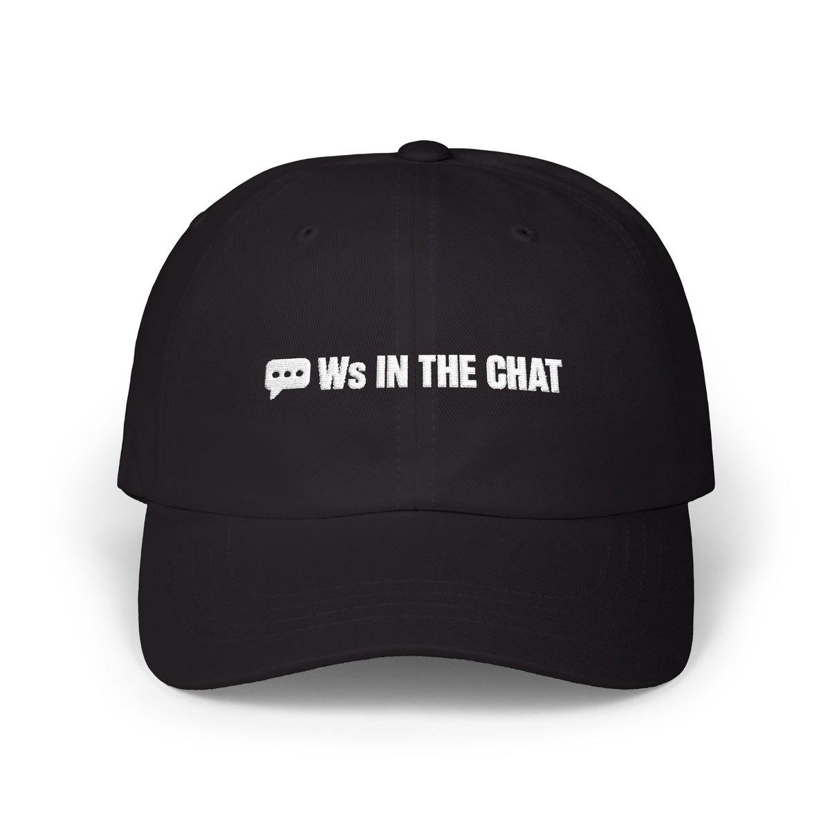 Ws In The Chat chat meme dad hat in Black with "Ws In The Chat" graphic, product photo 3