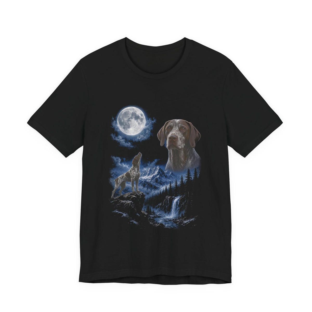 Black t-shirt with a photoreal German shorthaired pointer under a full moon and a second German shorthaired pointer howling on a cliff over mountains and a waterfall, front view