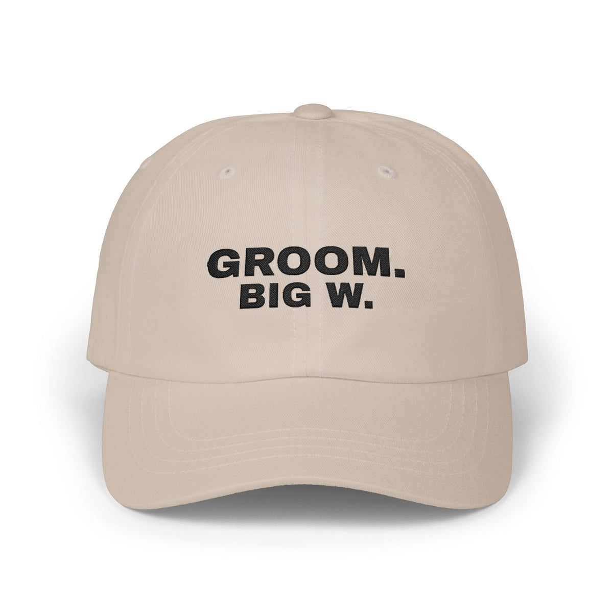 Groom Big W bachelor party dad hat in Stone with "Groom Big W" graphic, front view
