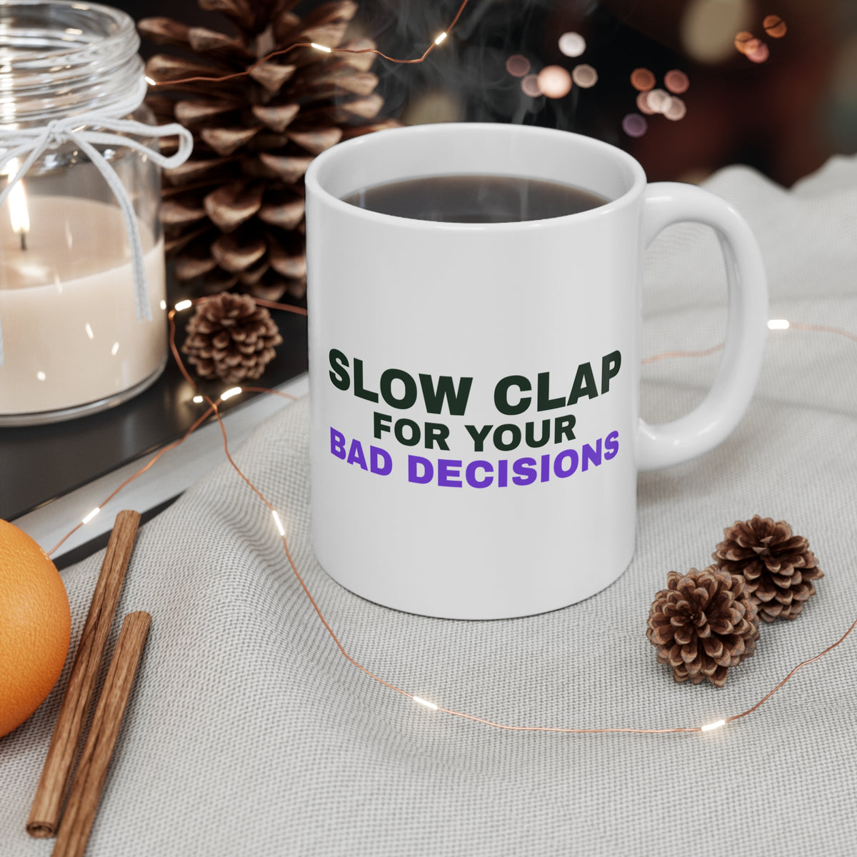 Slow Clap black cat clapping meme white mug with "Slow Clap" graphic, product photo 4