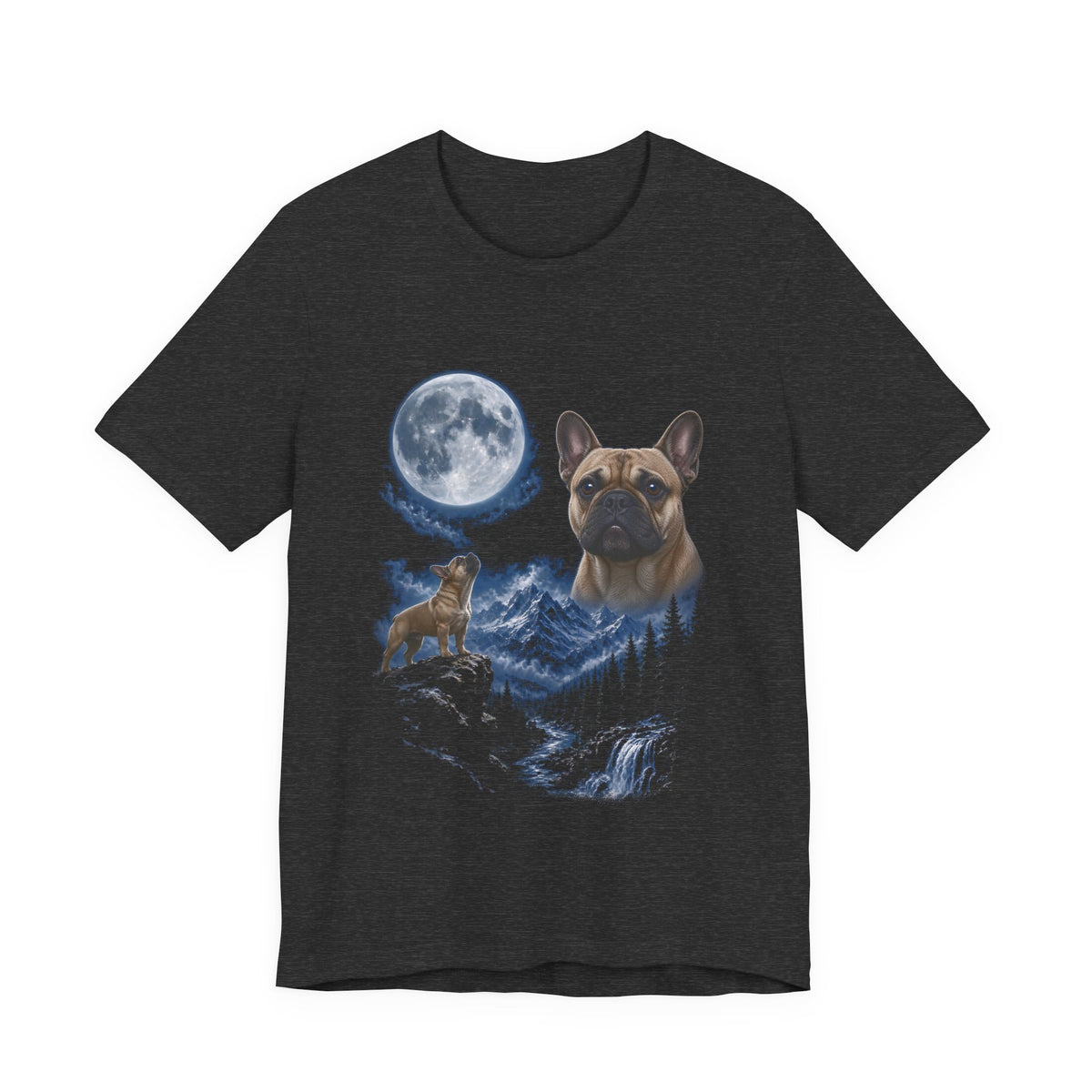 Dark Grey Heather t-shirt with a photoreal French bulldog under a full moon and a second French bulldog howling on a cliff over mountains and a waterfall, front view