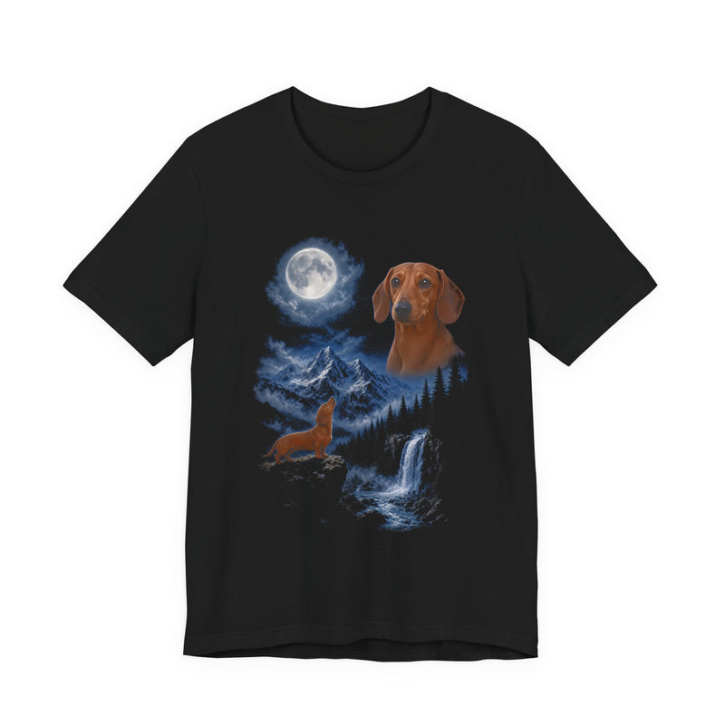 Black t-shirt with a photoreal dachshund under a full moon and a second dachshund howling on a cliff over mountains and a waterfall, front view