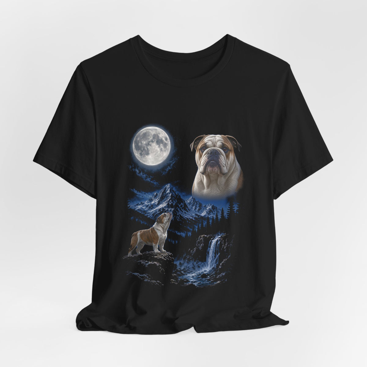Black t-shirt with a photoreal bulldog under a full moon and a second bulldog howling on a cliff over mountains and a waterfall, flat lay