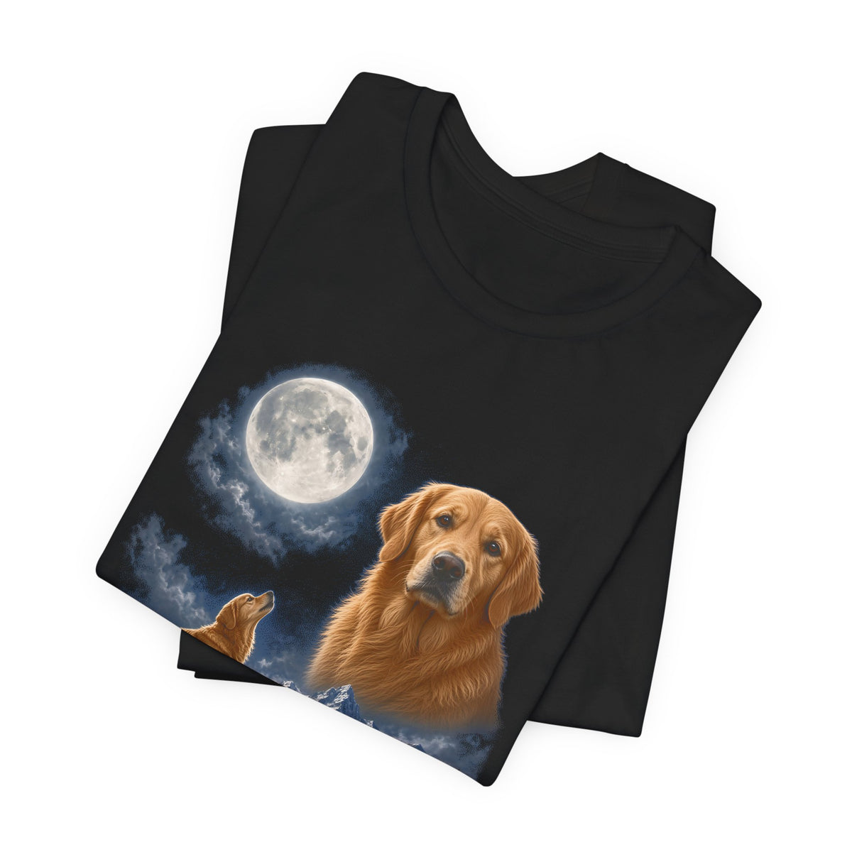 Black t-shirt with a photoreal golden retriever under a full moon and a second golden retriever howling on a cliff over mountains and a waterfall, folded