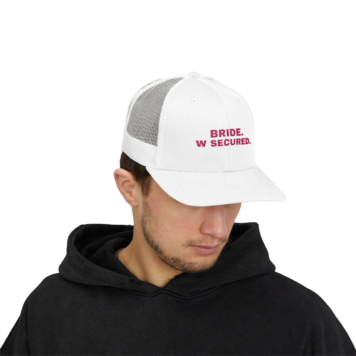 Bride W Secured bachelorette party trucker hat with "Bride W Secured" graphic, product photo 5