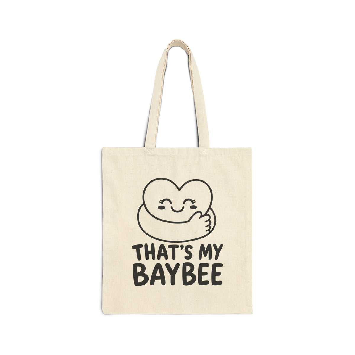 That's My Baybee chronically online tote bag in Natural with "That's My Baybee" graphic, front view