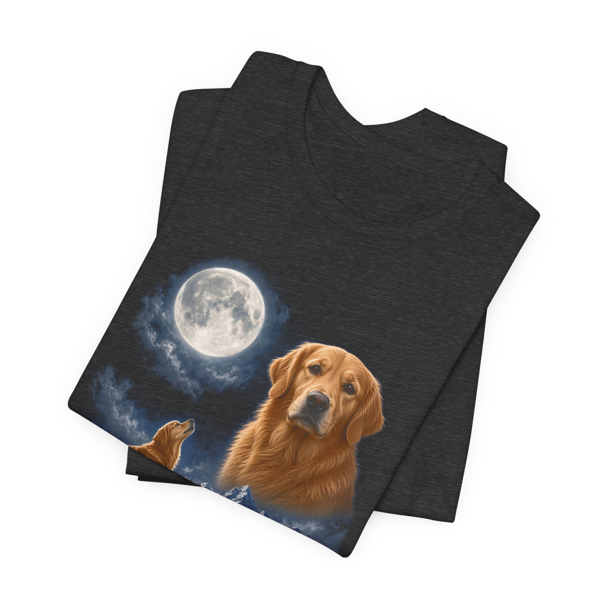 Dark Grey Heather t-shirt with a photoreal golden retriever under a full moon and a second golden retriever howling on a cliff over mountains and a waterfall, folded