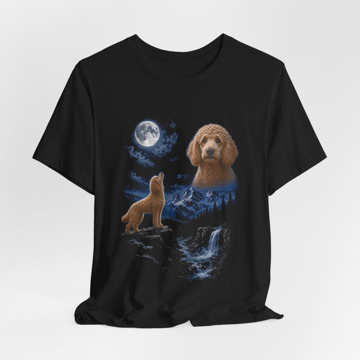 Black t-shirt with a photoreal poodle under a full moon and a second poodle howling on a cliff over mountains and a waterfall, flat lay