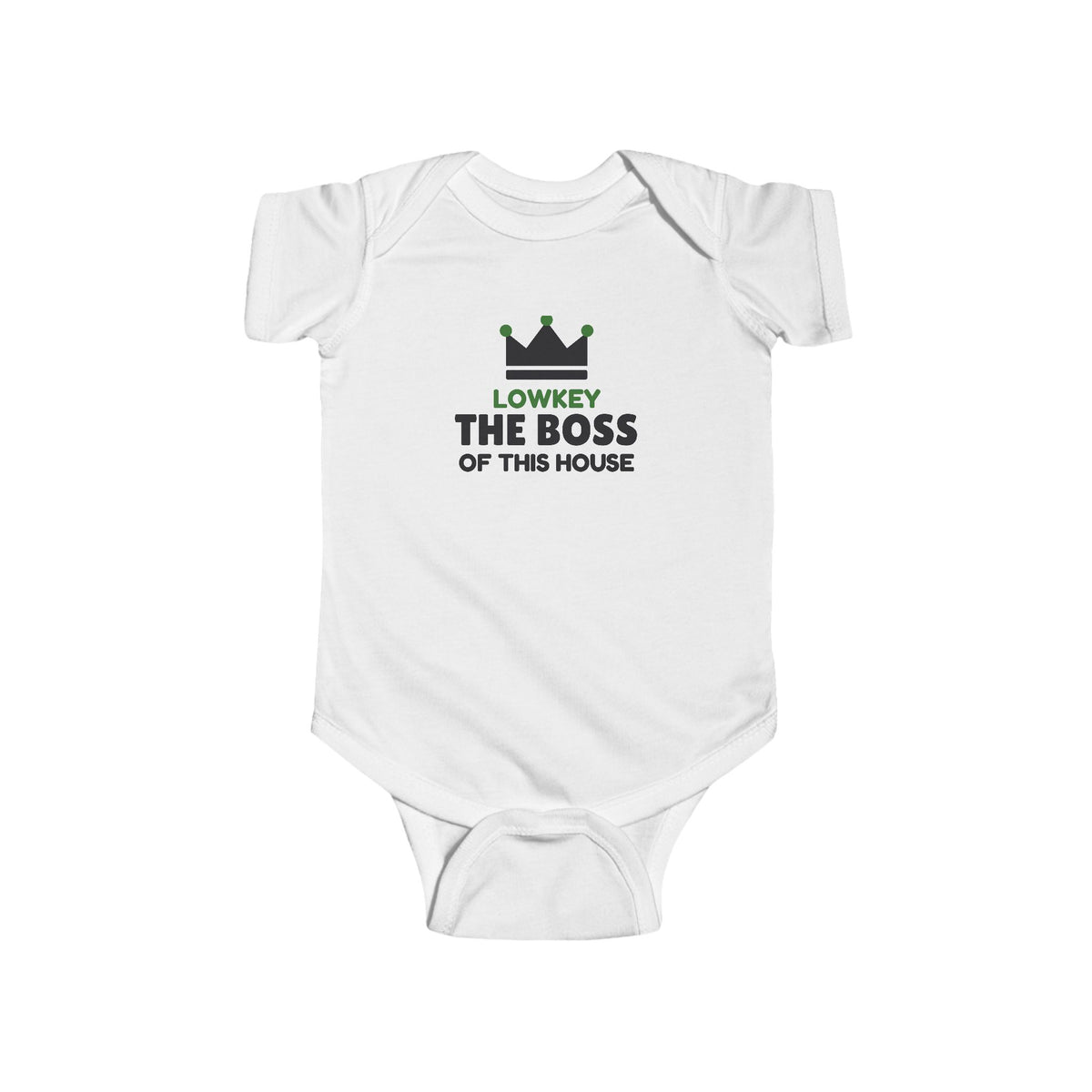 Lowkey The Boss Of This House Gen Z meme baby onesie in White with "Lowkey The Boss Of This House" graphic, front view