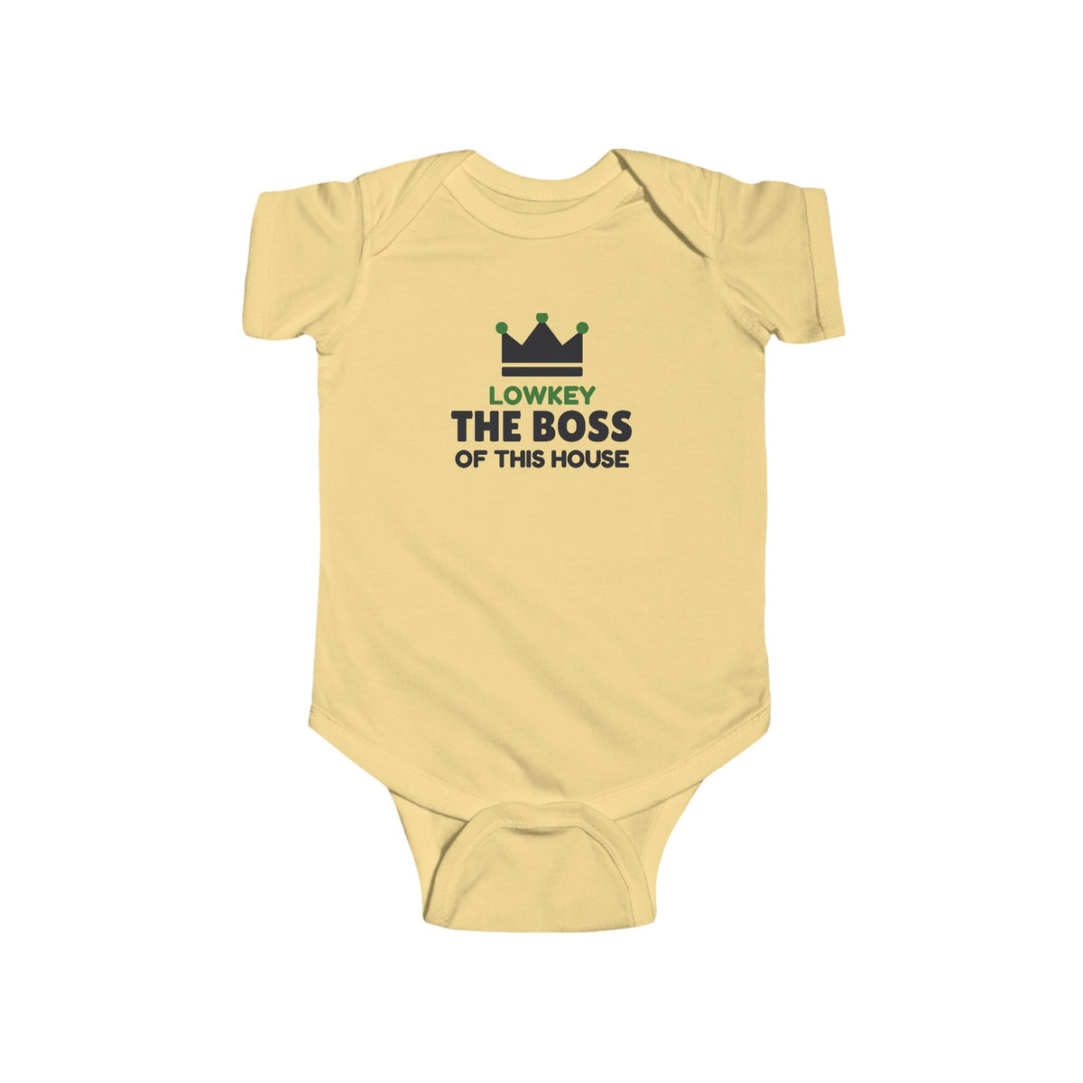 Lowkey The Boss Of This House Gen Z meme baby onesie in Butter with "Lowkey The Boss Of This House" graphic, product photo 2