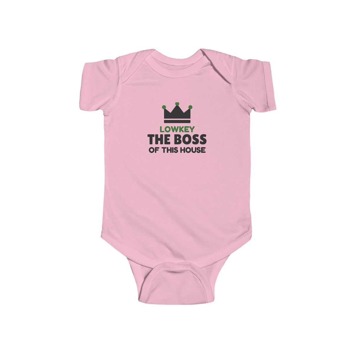 Lowkey The Boss Of This House Gen Z meme baby onesie in Pink with "Lowkey The Boss Of This House" graphic, product photo 4