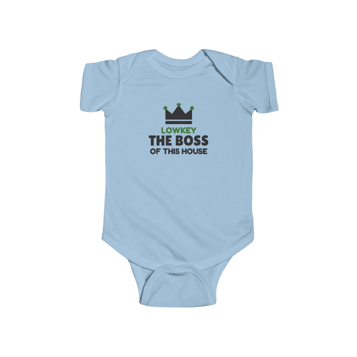 Lowkey The Boss Of This House Gen Z meme baby onesie in Light Blue with "Lowkey The Boss Of This House" graphic, product photo 3