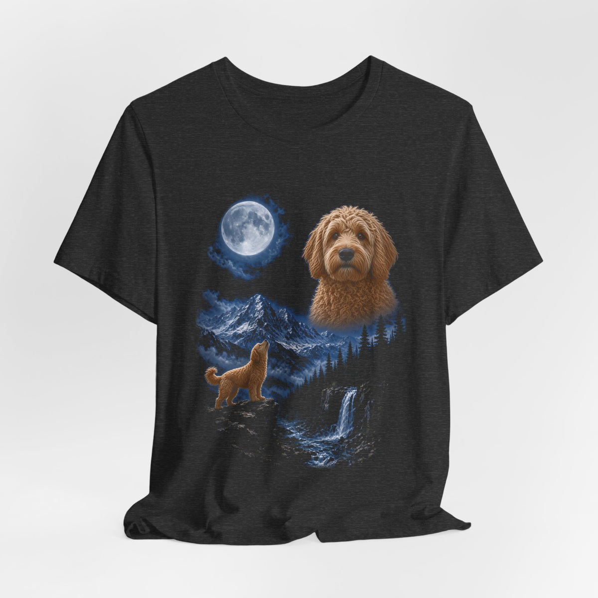 Dark Grey Heather t-shirt with a photoreal goldendoodle under a full moon and a second goldendoodle howling on a cliff over mountains and a waterfall, flat lay