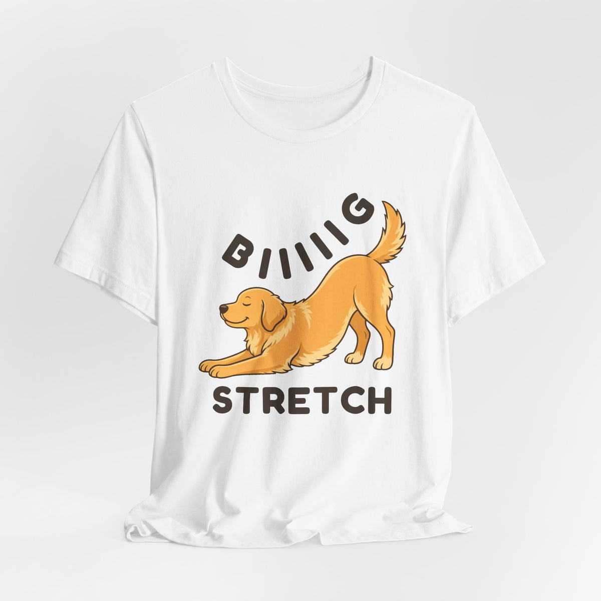 White t-shirt with the "Big Stretch Golden Retriever" design, flat lay