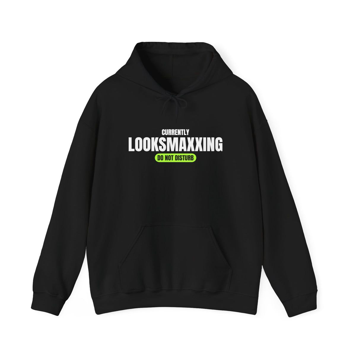 Currently Looksmaxxing looksmaxxing hoodie in Black with "Currently Looksmaxxing" graphic, front view