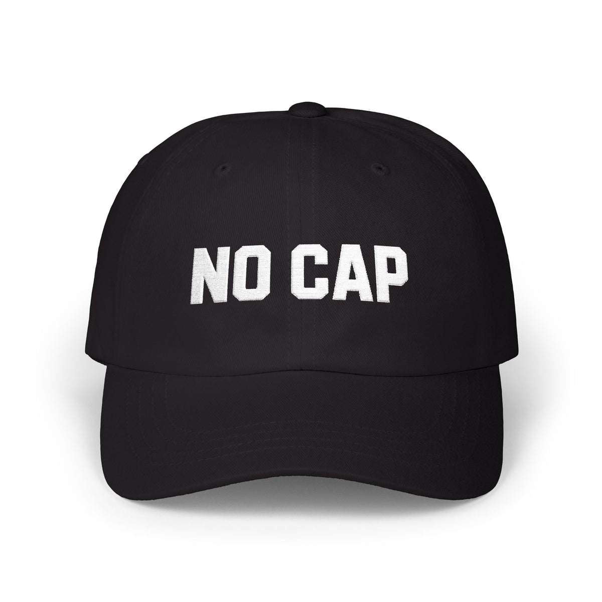 No Cap chronically online hat in Black with "No Cap" graphic, front view
