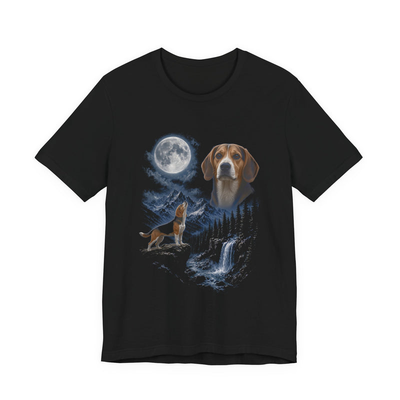 Black t-shirt with a photoreal beagle under a full moon and a second beagle howling on a cliff over mountains and a waterfall, front view