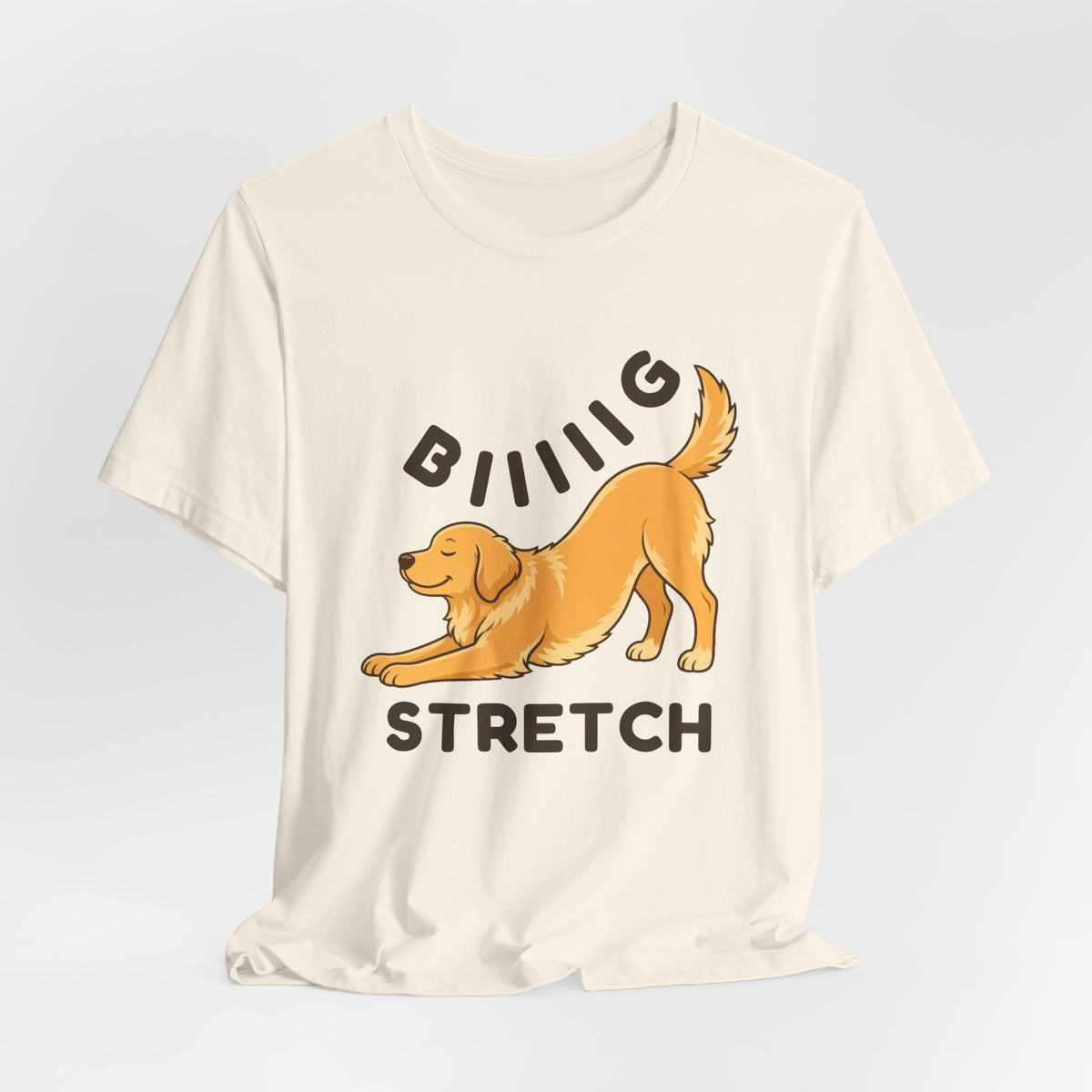 Natural t-shirt with the "Big Stretch Golden Retriever" design, flat lay