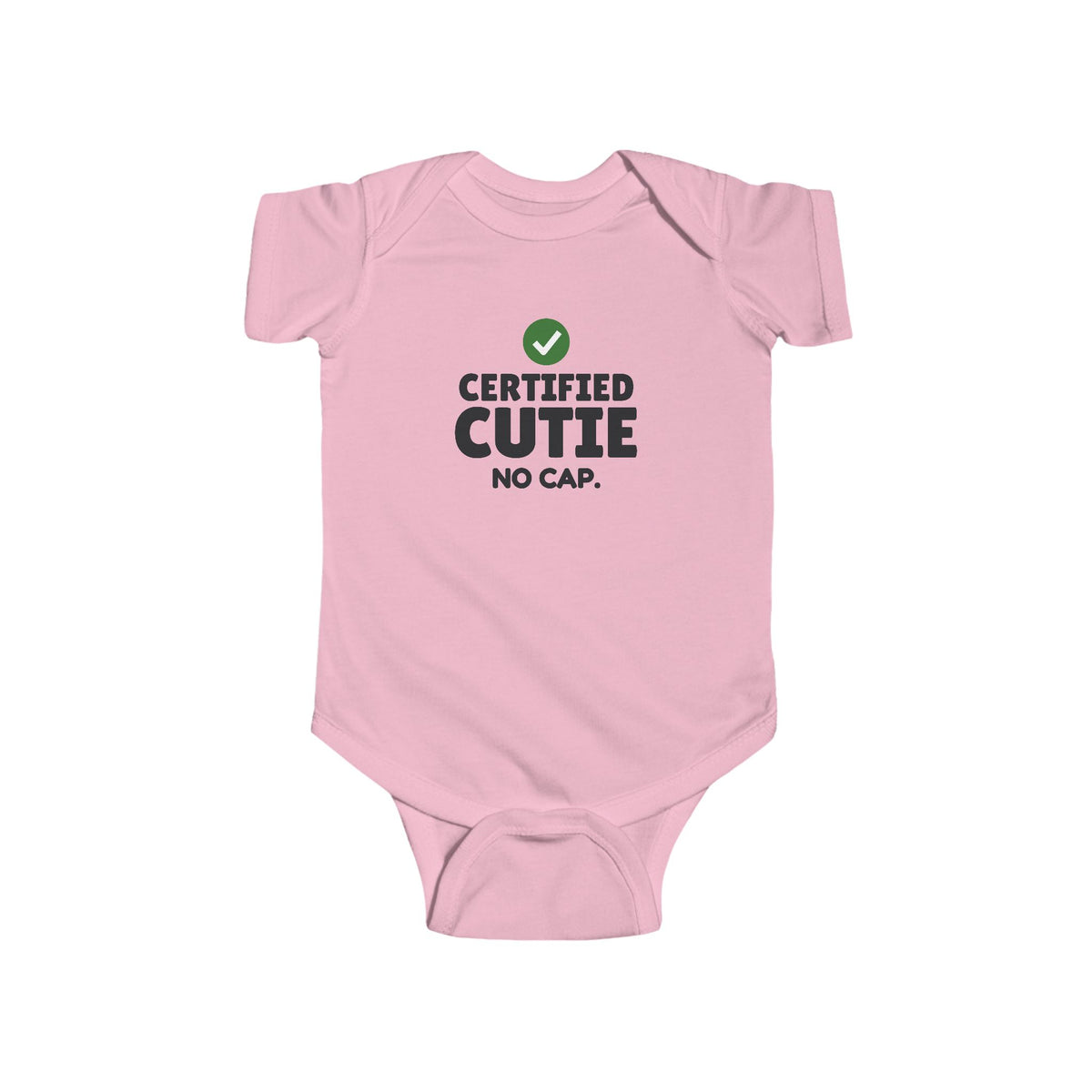 Certified Cutie No Cap Gen Z meme baby onesie in Pink with "Certified Cutie No Cap" graphic, product photo 4